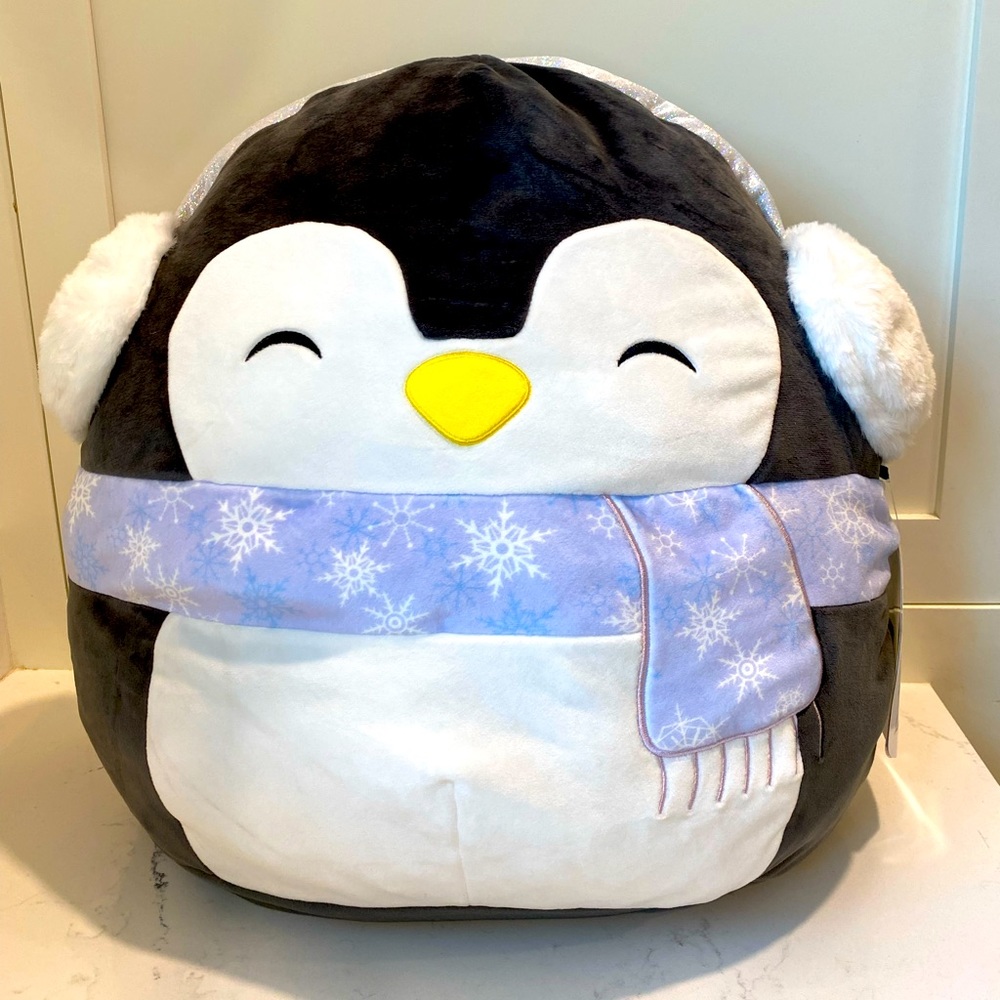 16” Luna the Penguin Squishmallows NWT wearing earmuffs and purple scarf